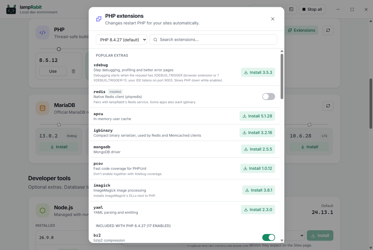PHP extensions dialog listing Xdebug, Redis, APCu and other extensions with install buttons