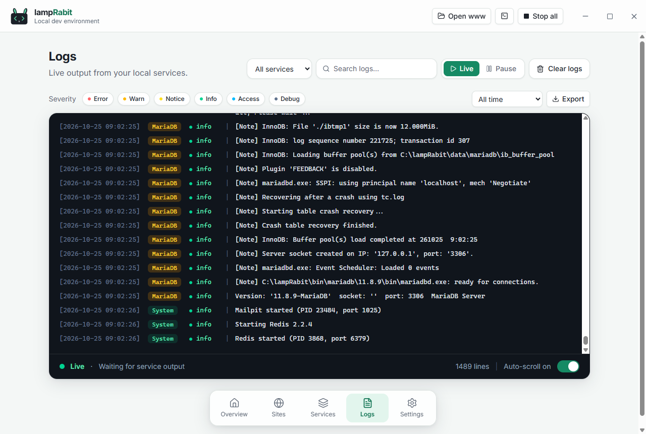 Logs page with service filters and log lines