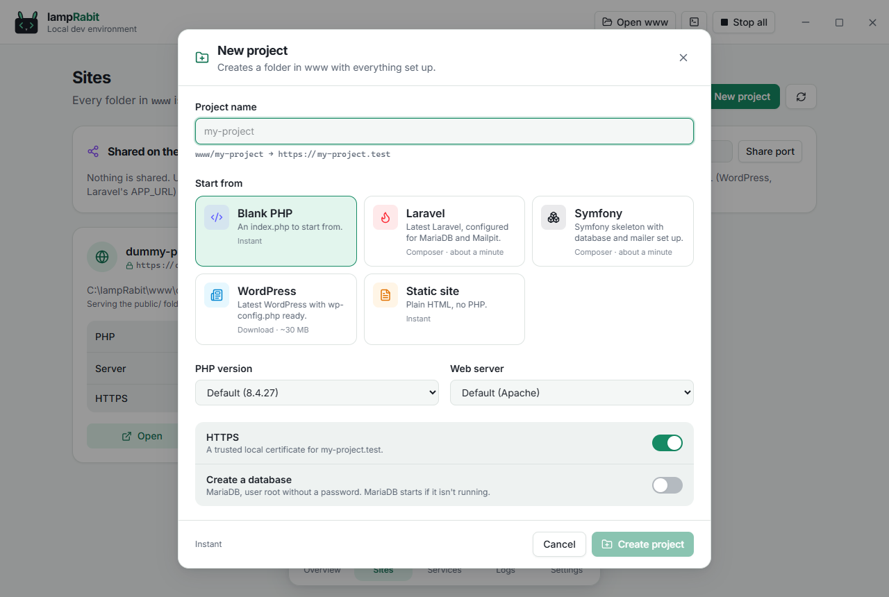 New project dialog with Laravel, Symfony, WordPress, Blank PHP and Static site presets