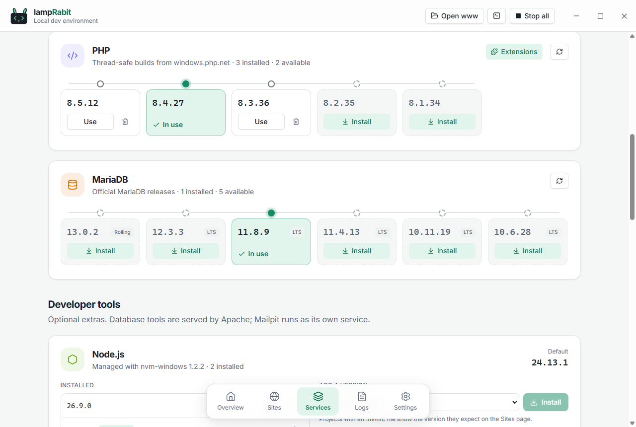 Services page showing PHP and MariaDB versions on a timeline