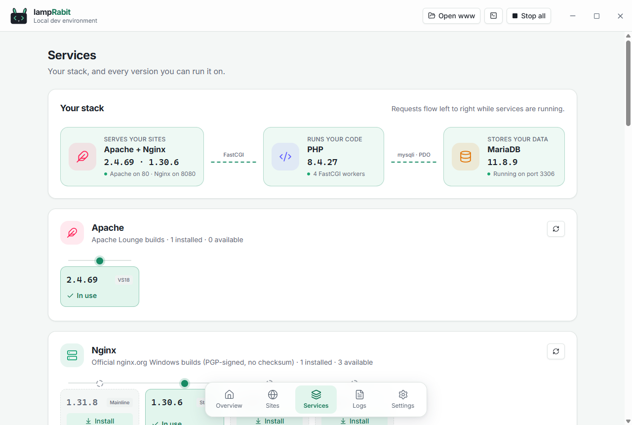 Services page with the stack diagram and Apache and Nginx versions