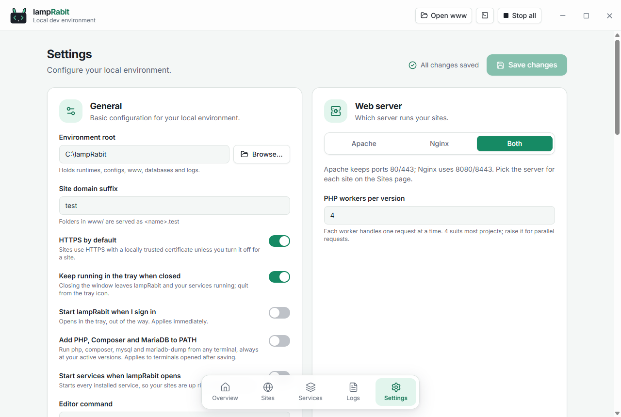 Settings page with general options, web server mode and ports
